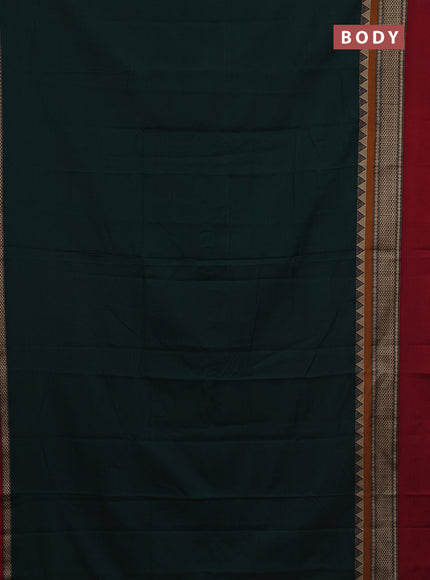 Narayanpet cotton saree datk green and red with plain body and long thread woven simple border