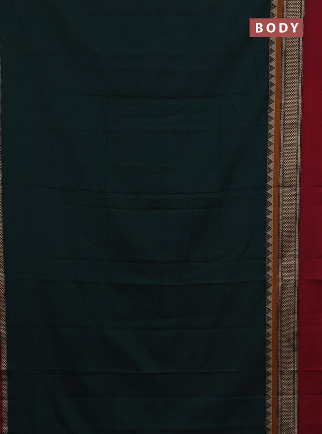 Narayanpet cotton saree datk green and red with plain body and long thread woven simple border