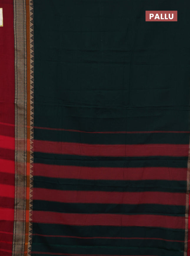 Narayanpet cotton saree datk green and red with plain body and long thread woven simple border