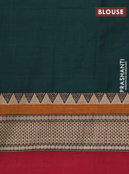 Narayanpet cotton saree datk green and red with plain body and long thread woven simple border