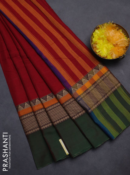 Narayanpet cotton saree red and dual shade of green with plain body and long thread woven simple border