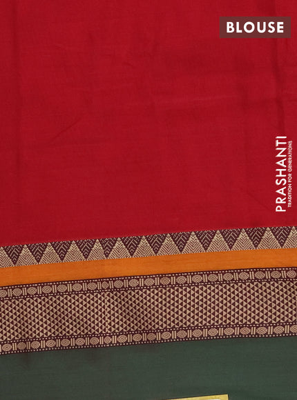 Narayanpet cotton saree red and dual shade of green with plain body and long thread woven simple border