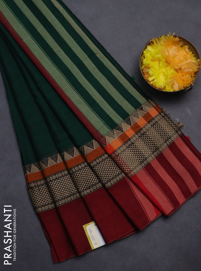 Narayanpet cotton saree green and maroon with plain body and long thread woven simple border