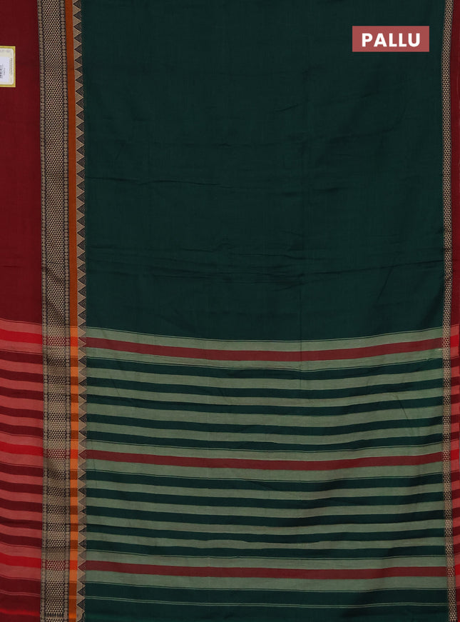 Narayanpet cotton saree green and maroon with plain body and long thread woven simple border
