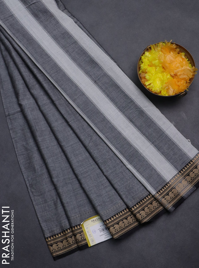 Narayanpet cotton saree grey and black with plain body and thread woven border