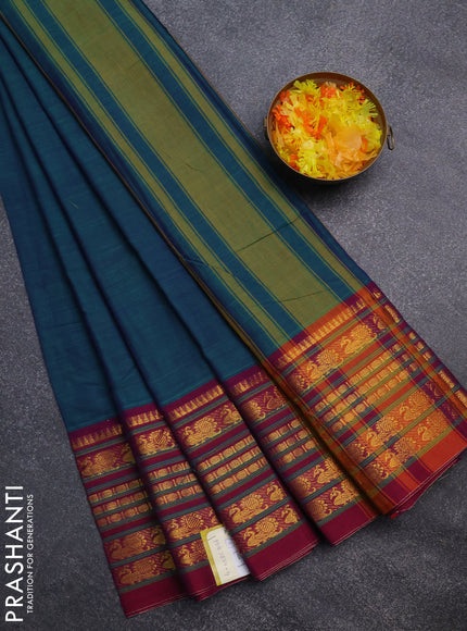 Narayanpet cotton saree dual shade of green and dual shade of purple with plain body and annam zari woven border