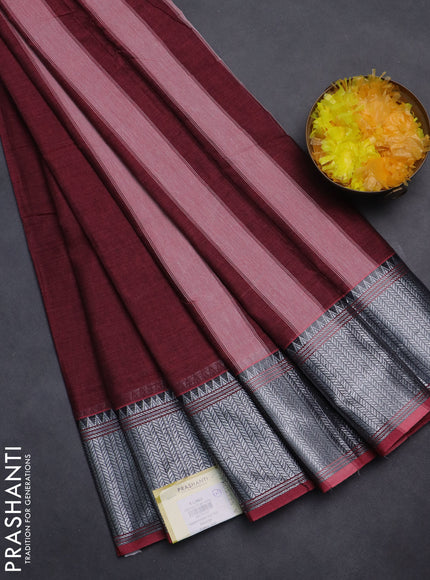 Narayanpet cotton saree maroon and black with plain body and silver zari woven border