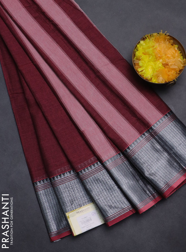 Narayanpet cotton saree maroon and black with plain body and silver zari woven border