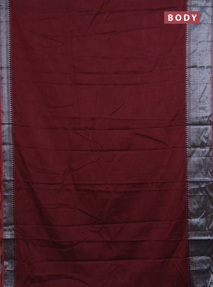 Narayanpet cotton saree maroon and black with plain body and silver zari woven border