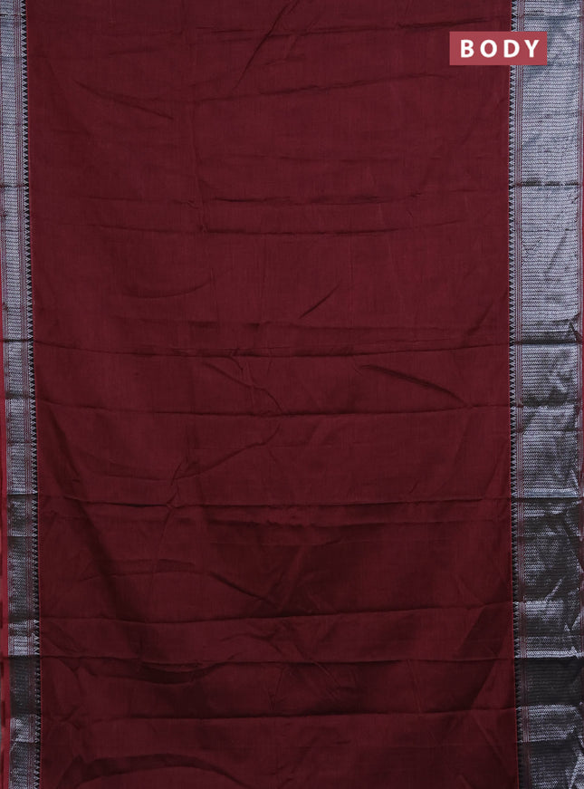 Narayanpet cotton saree maroon and black with plain body and silver zari woven border