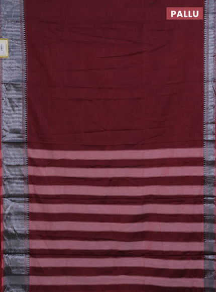 Narayanpet cotton saree maroon and black with plain body and silver zari woven border