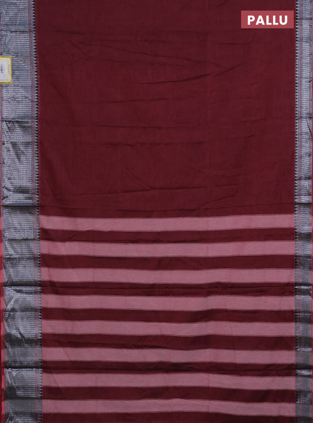 Narayanpet cotton saree maroon and black with plain body and silver zari woven border