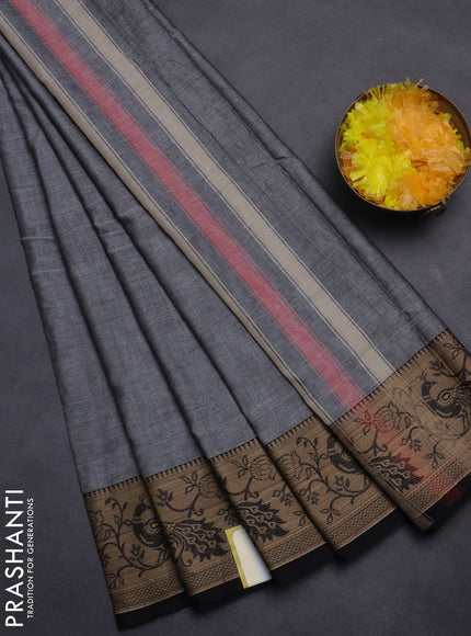 Narayanpet cotton saree grey and black with plain body and peacock design thread woven border