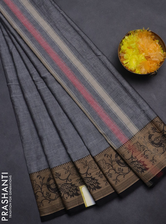 Narayanpet cotton saree grey and black with plain body and peacock design thread woven border