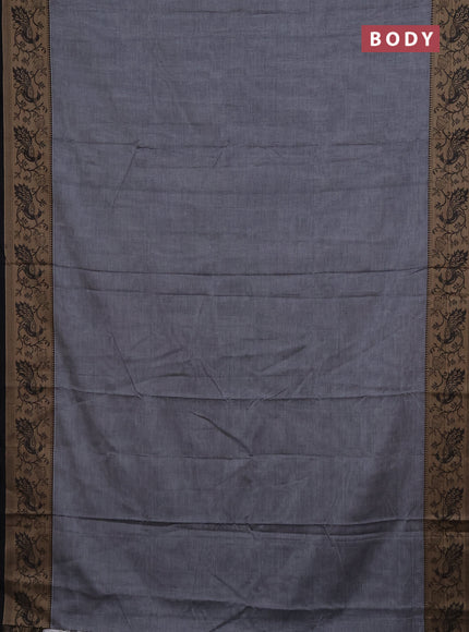 Narayanpet cotton saree grey and black with plain body and peacock design thread woven border