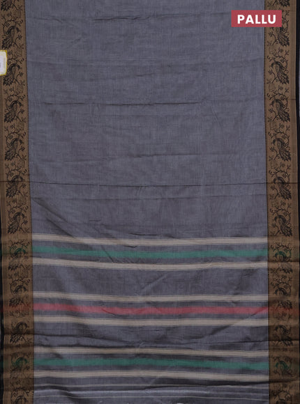 Narayanpet cotton saree grey and black with plain body and peacock design thread woven border