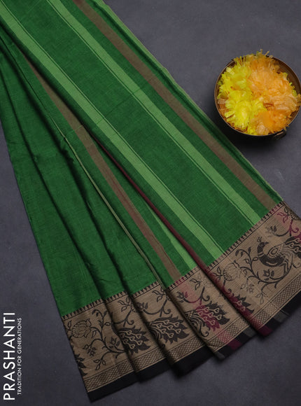 Narayanpet cotton saree green and black with plain body and peacock design thread woven border