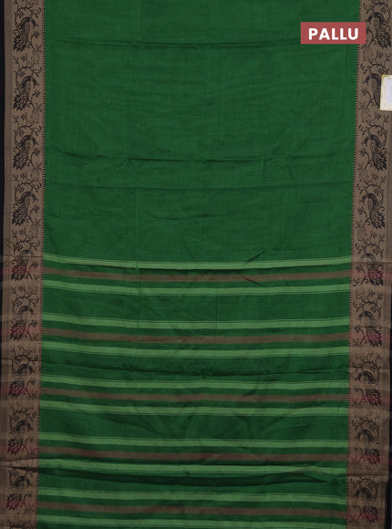 Narayanpet cotton saree green and black with plain body and peacock design thread woven border