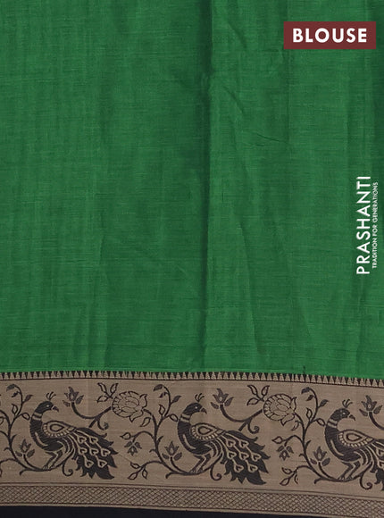Narayanpet cotton saree green and black with plain body and peacock design thread woven border