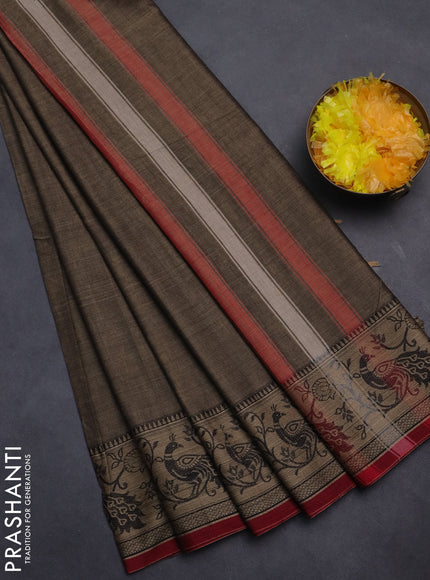 Narayanpet cotton saree grey and maroon with plain body and peacock design thread woven border