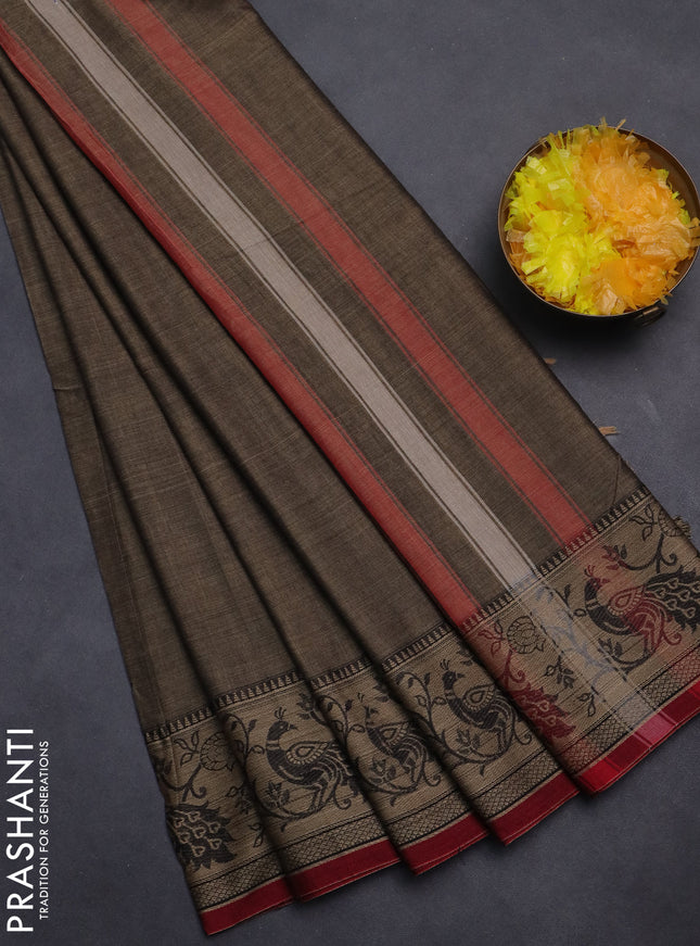 Narayanpet cotton saree grey and maroon with plain body and peacock design thread woven border