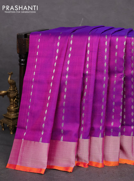 Pure uppada silk saree purple and dual shade of pinkish orange with allover silver zari woven buttas and zari woven border