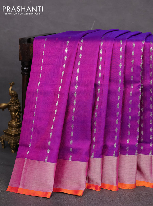 Pure uppada silk saree purple and dual shade of pinkish orange with allover silver zari woven buttas and zari woven border