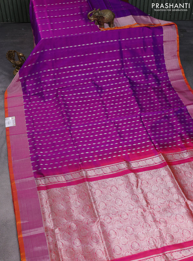 Pure uppada silk saree purple and dual shade of pinkish orange with allover silver zari woven buttas and zari woven border