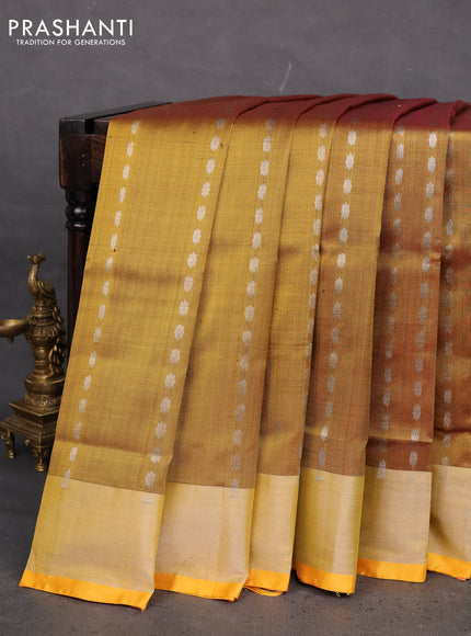 Pure uppada silk saree mustard shade and yellow with allover silver zari woven buttas and zari woven border