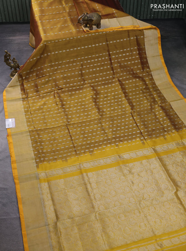 Pure uppada silk saree mustard shade and yellow with allover silver zari woven buttas and zari woven border