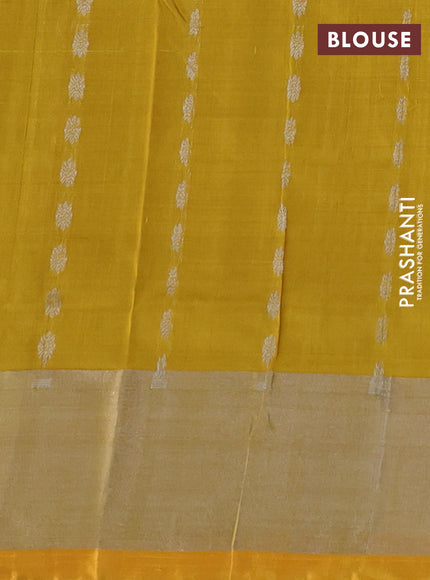 Pure uppada silk saree mustard shade and yellow with allover silver zari woven buttas and zari woven border
