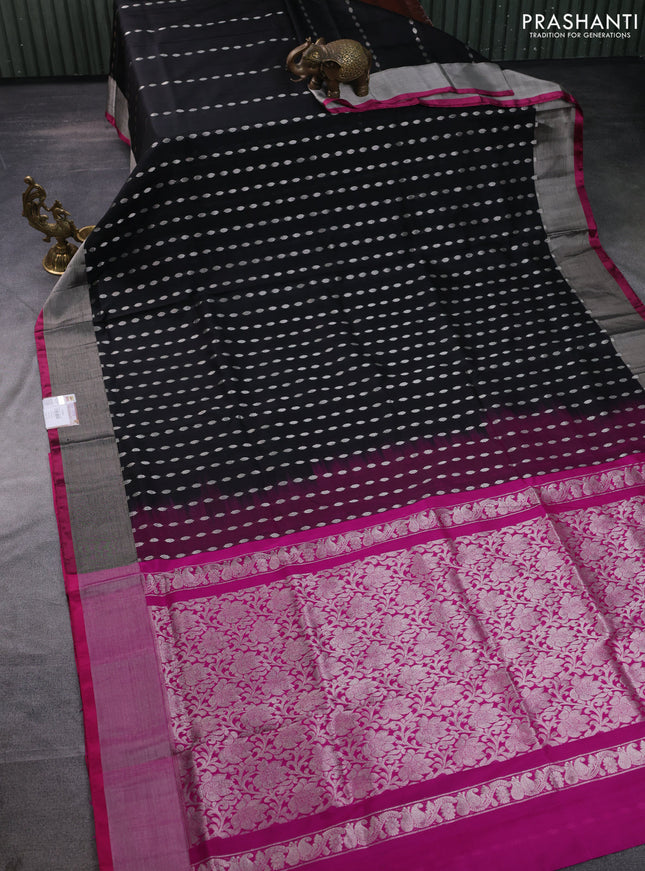 Pure uppada silk saree black and pink with allover silver zari woven buttas and zari woven border