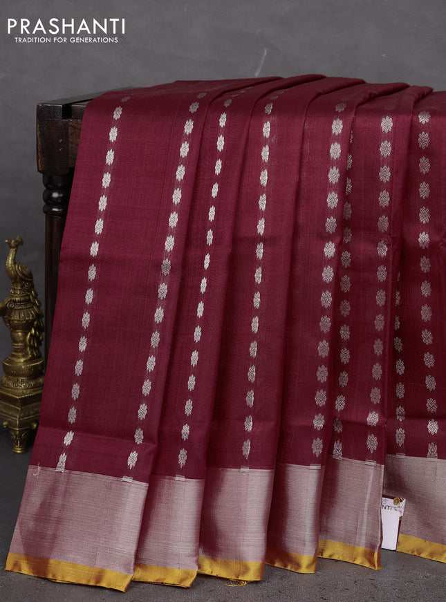 Pure uppada silk saree maroon and yellow with allover silver zari woven buttas and zari woven border