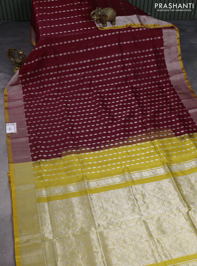 Pure uppada silk saree maroon and yellow with allover silver zari woven buttas and zari woven border