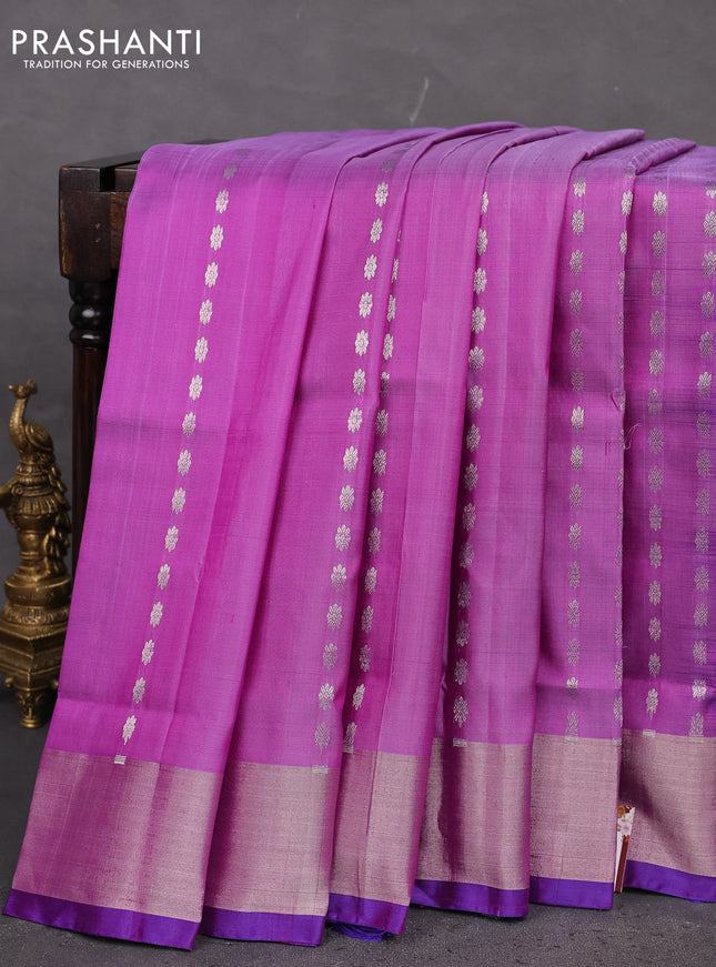 Pure uppada silk saree purple shade and blue with allover silver zari woven buttas and zari woven border