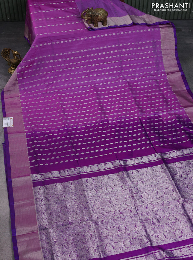 Pure uppada silk saree purple shade and blue with allover silver zari woven buttas and zari woven border