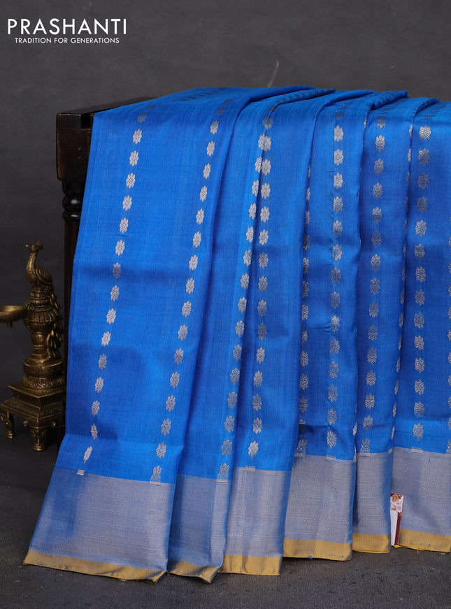 Pure uppada silk saree cs blue and mustard yellow with allover silver zari woven buttas and silver zari woven border