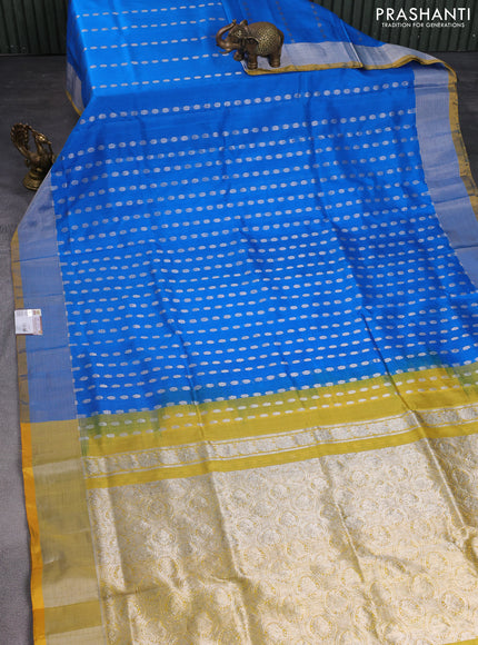 Pure uppada silk saree cs blue and mustard yellow with allover silver zari woven buttas and silver zari woven border