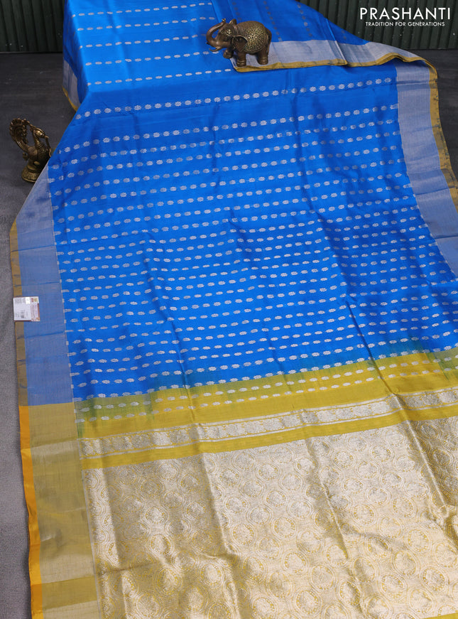 Pure uppada silk saree cs blue and mustard yellow with allover silver zari woven buttas and silver zari woven border