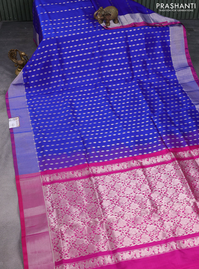 Pure uppada silk saree blue and pink with allover silver zari woven buttas and silver zari woven border