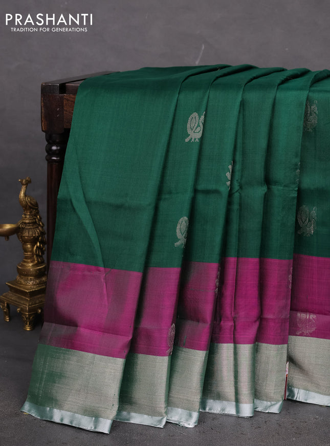 Pure uppada silk saree green and dual shade of purple with silver zari woven buttas and silver zari woven border