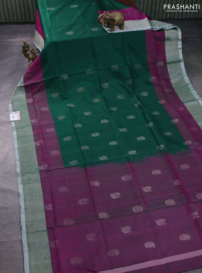 Pure uppada silk saree green and dual shade of purple with silver zari woven buttas and silver zari woven border