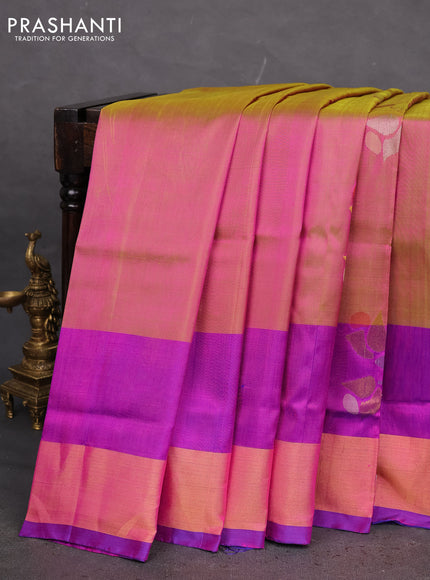 Pure uppada silk saree dual shade of pinkish green and purple with zari woven jamdhani design buttas and zari woven border