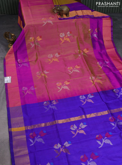 Pure uppada silk saree dual shade of pinkish green and purple with zari woven jamdhani design buttas and zari woven border