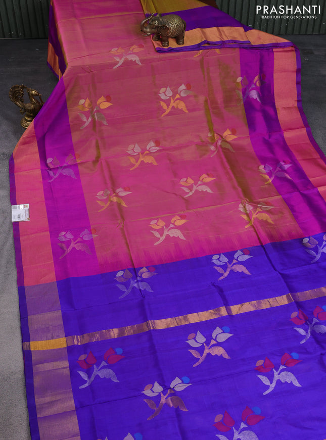 Pure uppada silk saree dual shade of pinkish green and purple with zari woven jamdhani design buttas and zari woven border