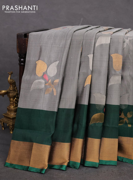 Pure uppada silk saree grey and green with zari woven jamdhani design buttas and zari woven border