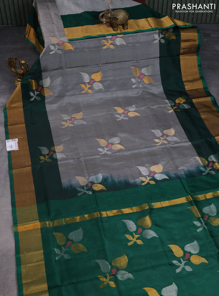 Pure uppada silk saree grey and green with zari woven jamdhani design buttas and zari woven border