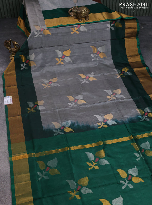 Pure uppada silk saree grey and green with zari woven jamdhani design buttas and zari woven border