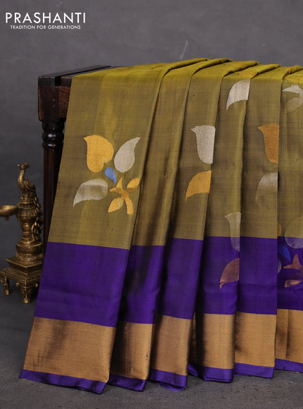 Pure uppada silk saree mehendi green and blue with zari woven jamdhani design buttas and zari woven border