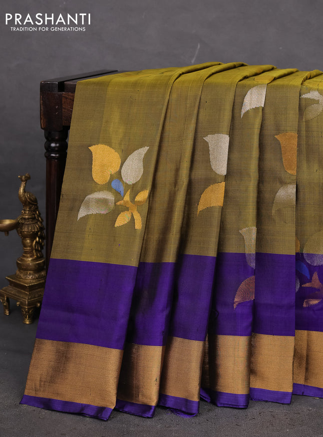 Pure uppada silk saree mehendi green and blue with zari woven jamdhani design buttas and zari woven border